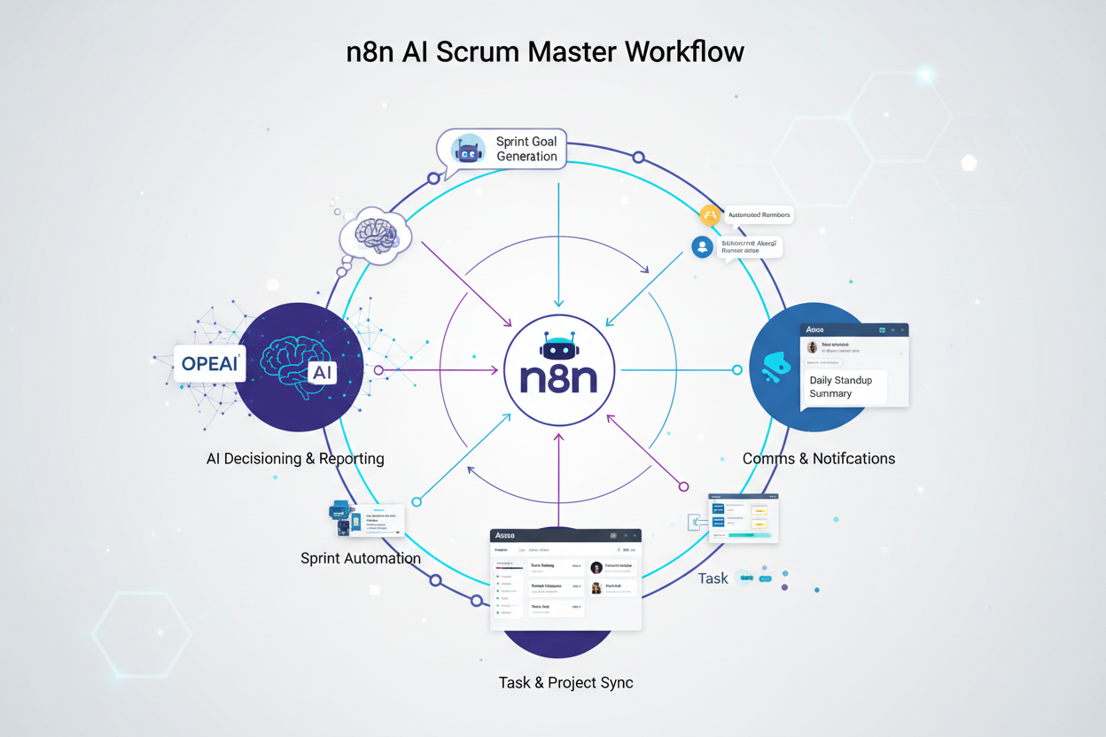 Diagram of n8n AI Scrum Master Workflow displaying different components like Sprint Goal Generation, AI Decisioning & Reporting, and Task & Project Sync.