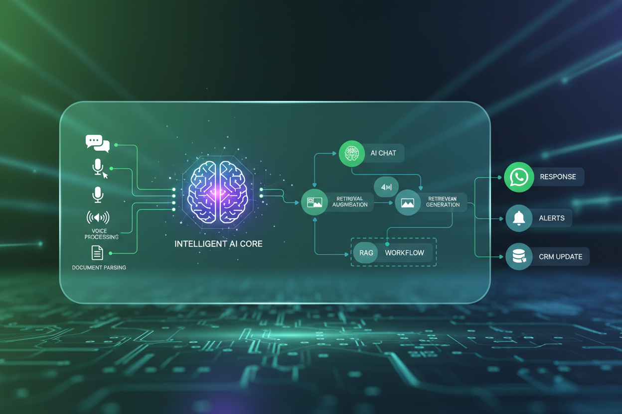 Futuristic digital interface showing an intelligent AI core with connections and icons representing AI chat, voice processing, and document parsing.