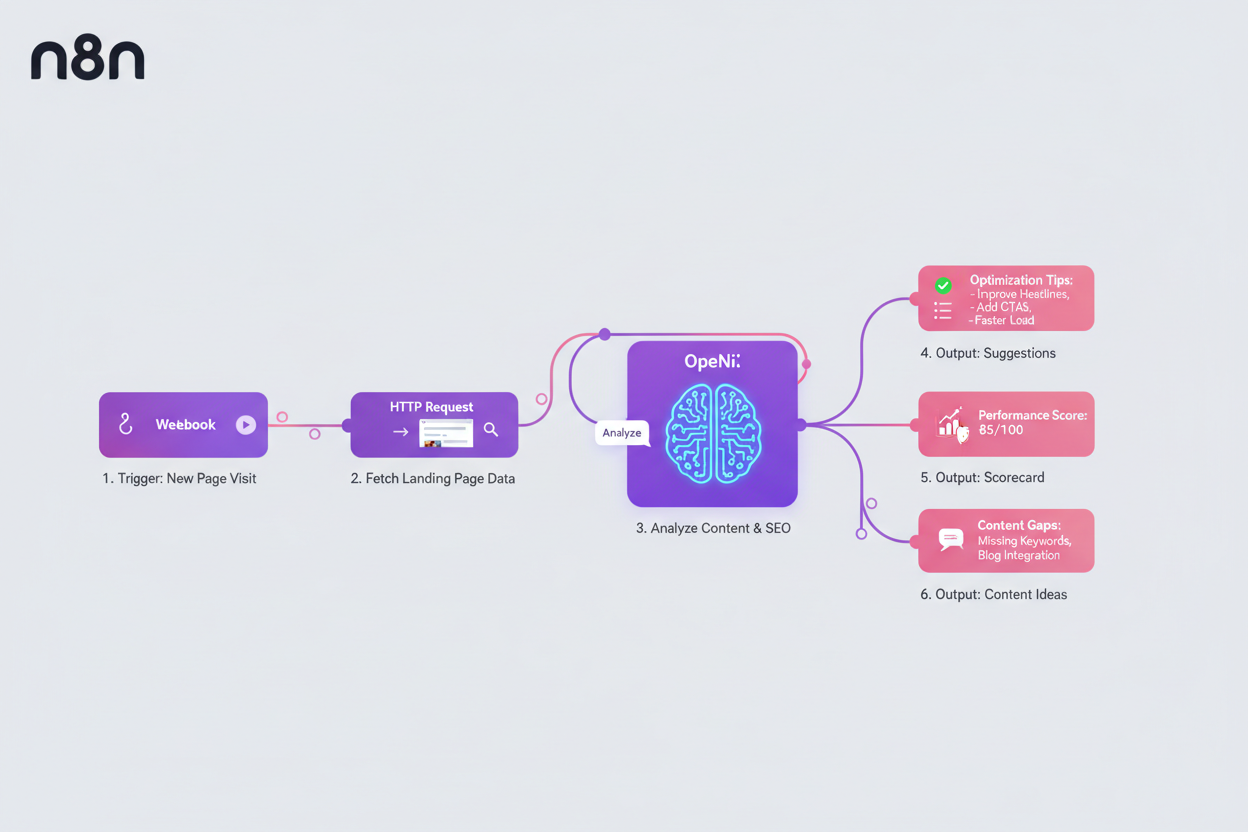 Workflow diagram illustrating an automated process for analyzing content and SEO using n8n, featuring steps like triggering new page visits and fetching landing page data.