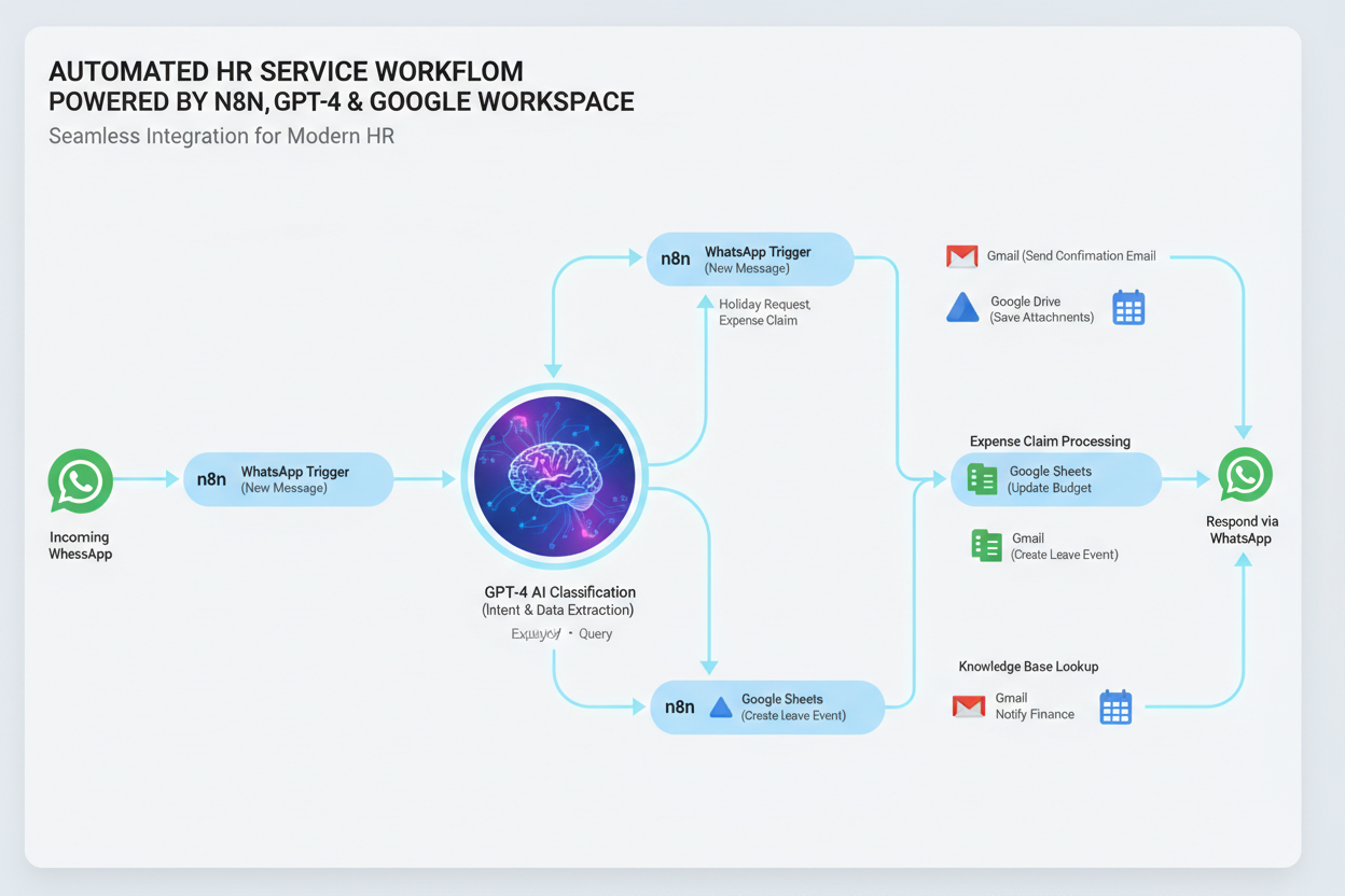 Automated HR service workflow powered by n8n, GPT-4, and Google Workspace. Includes WhatsApp integration and processes like holiday requests and expense claims.