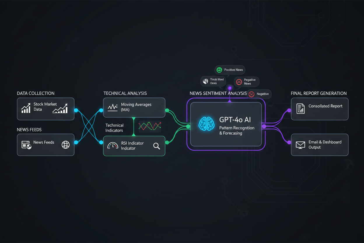 Diagram showing data collection, technical analysis, news sentiment analysis, GPT-4o AI pattern recognition, and final report generation.