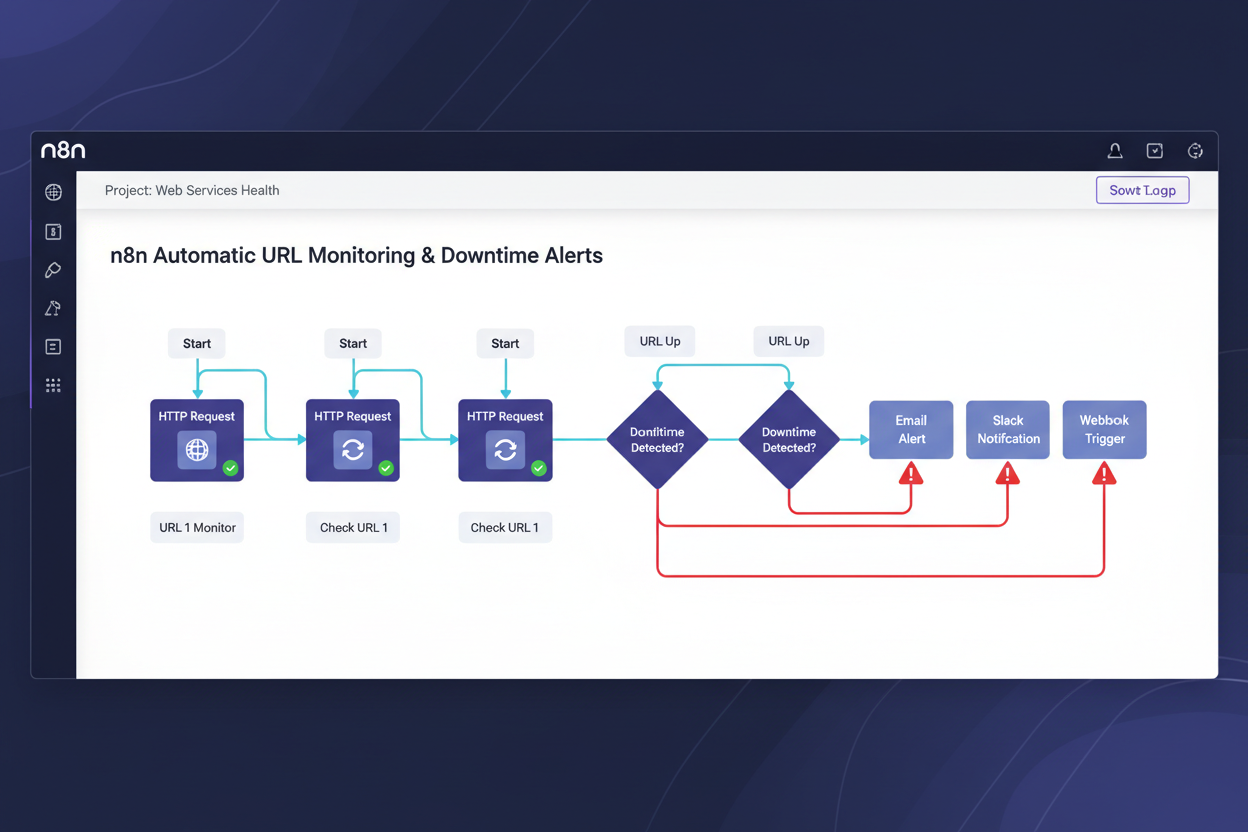 Interface showing an automated URL monitoring and alert workflow, with various steps including HTTP Requests and alerts for email, Slack, and webhook.