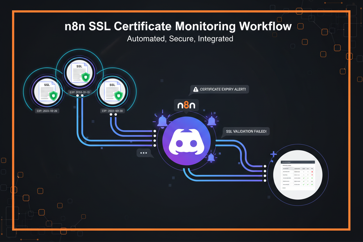 A digital graphic illustrating an SSL certificate monitoring workflow by n8n with diagrams of connections and alerts.