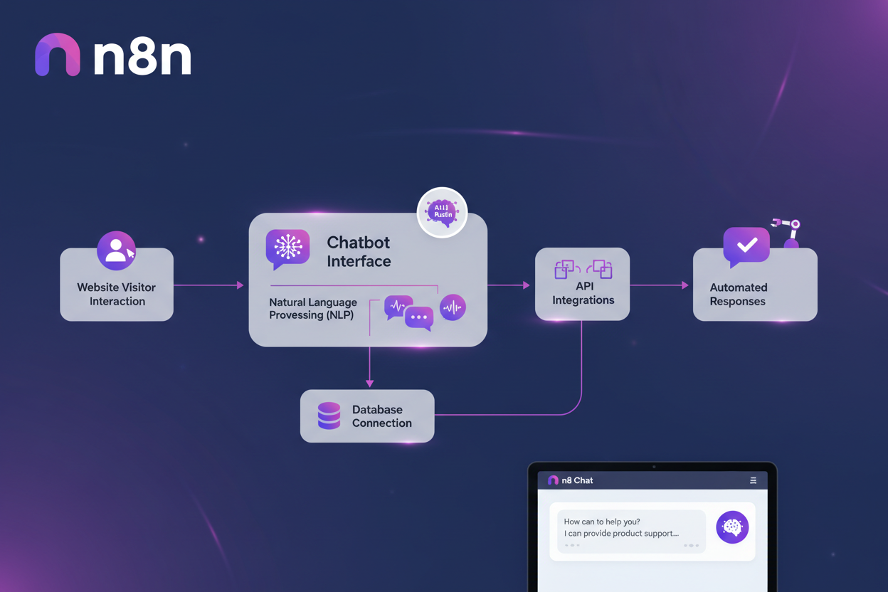 Diagram showing chatbot workflow with steps including website visitor interaction, natural language processing, API integrations, and automated responses, with n8n branding.