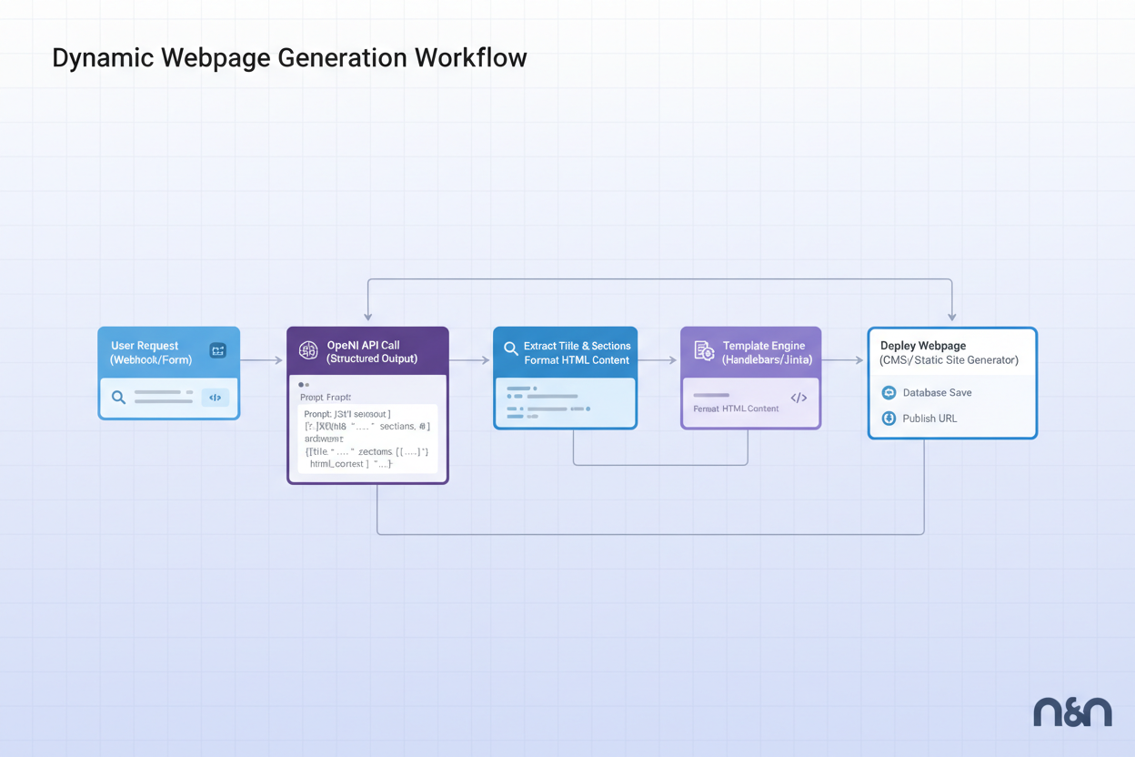 Flowchart depicting a dynamic webpage generation workflow with steps including user request, API call, content extraction, templating, and webpage deployment.
