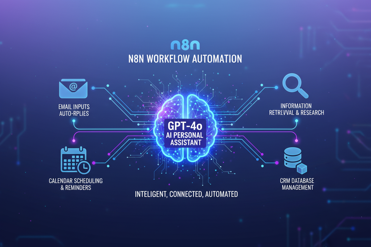 Promotional graphic for n8n workflow automation featuring GPT-4o AI personal assistant with email, calendar, search and CRM integration