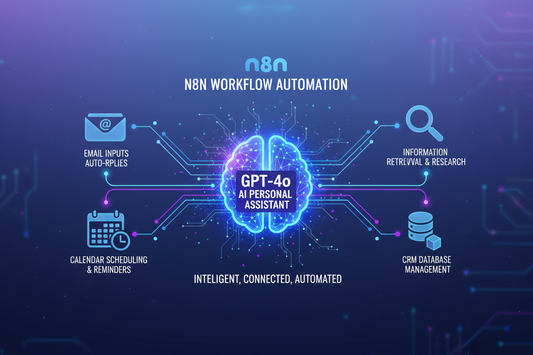 Promotional graphic for n8n workflow automation featuring GPT-4o AI personal assistant with email, calendar, search and CRM integration