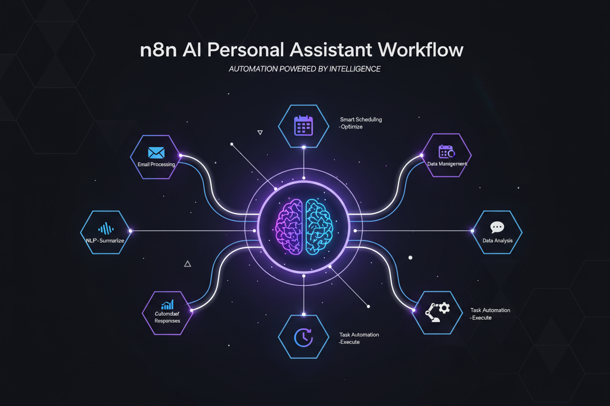 Diagram of n8n AI Personal Assistant Workflow with central brain icon and various tasks like email processing, data management, and task automation connected by wavy lines.