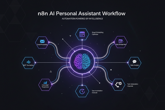 Diagram of n8n AI Personal Assistant Workflow with central brain icon and various tasks like email processing, data management, and task automation connected by wavy lines.