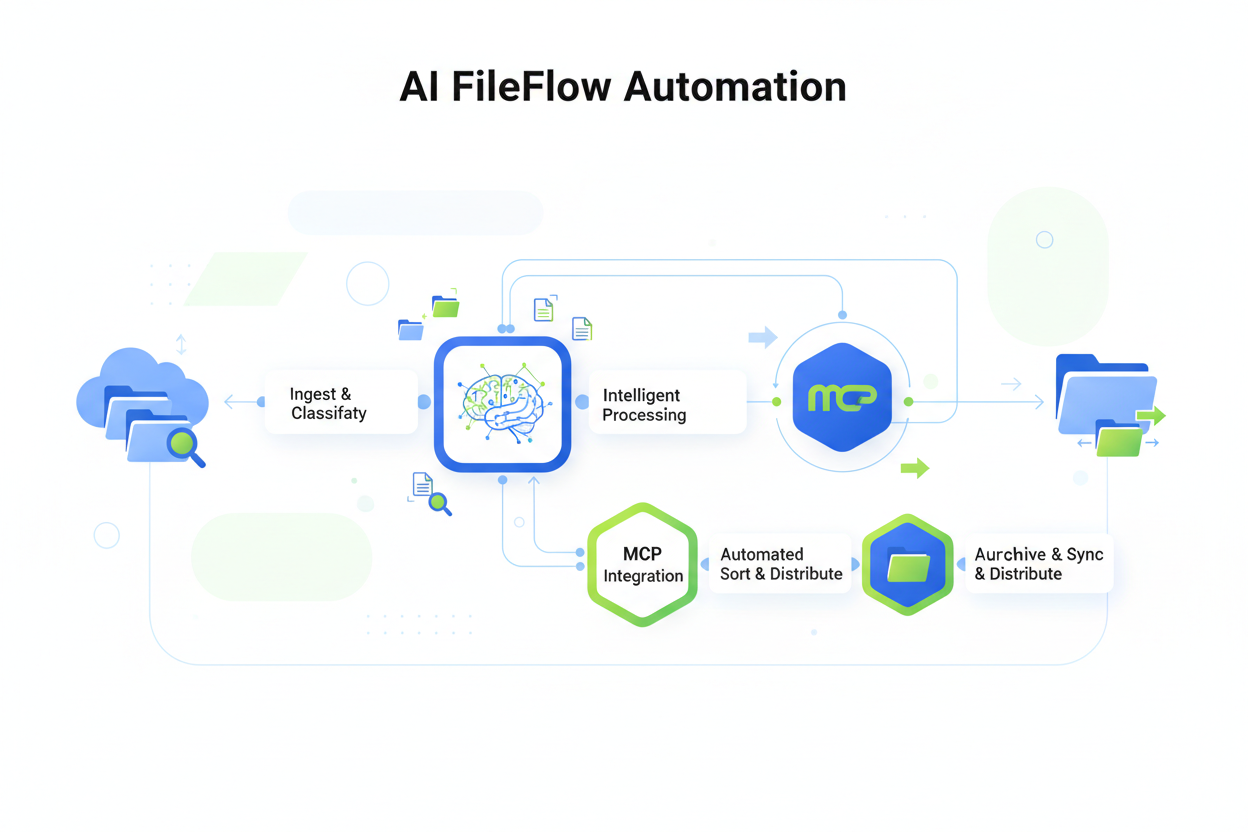Illustration of AI FileFlow Automation showing a flowchart with stages like Ingest & Classify, Intelligent Processing, MCP Integration, Automated Sort & Distribute, and Archive & Sync with icons and arrows connecting each stage.