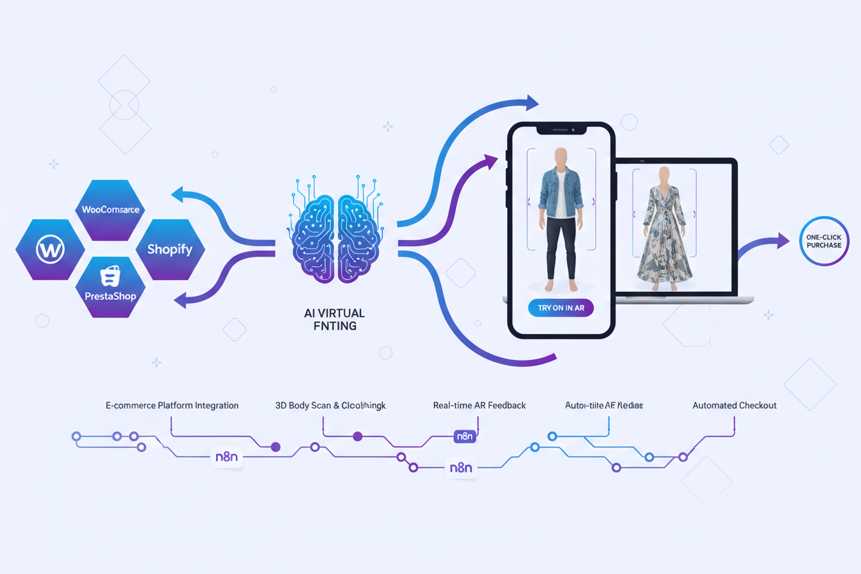 Infographic illustrating AI virtual fitting integration with e-commerce platforms like WooCommerce, Shopify, and PrestaShop, showing AR fitting on devices and one-click purchasing.