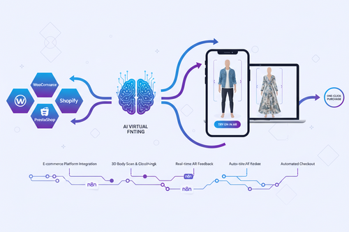 Infographic illustrating AI virtual fitting integration with e-commerce platforms like WooCommerce, Shopify, and PrestaShop, showing AR fitting on devices and one-click purchasing.