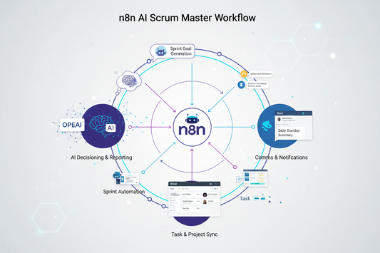 Diagram of n8n AI Scrum Master Workflow displaying different components like Sprint Goal Generation, AI Decisioning & Reporting, and Task & Project Sync.