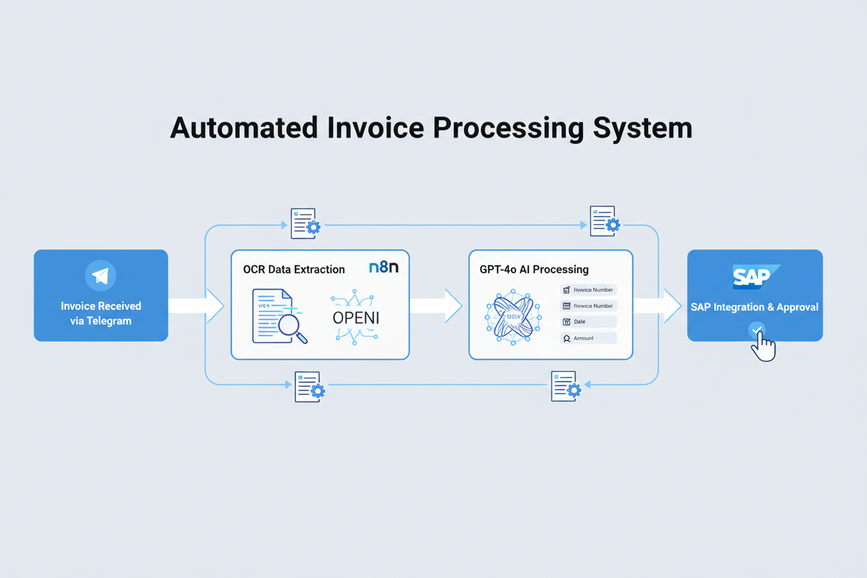 Diagram showing an Automated Invoice Processing System with steps including receiving invoices via Telegram, OCR data extraction using n8n, GPT-4o AI processing, and SAP integration and approval.