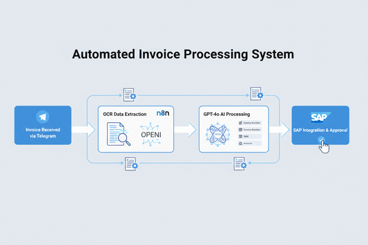 Diagram showing an Automated Invoice Processing System with steps including receiving invoices via Telegram, OCR data extraction using n8n, GPT-4o AI processing, and SAP integration and approval.