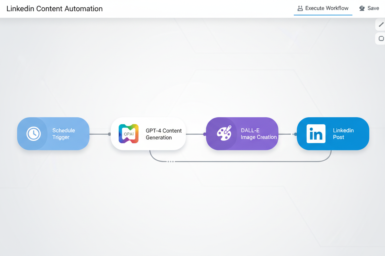 Software interface depicting an automated LinkedIn content creation workflow with steps: schedule trigger, GPT-4 content generation, DALL-E image creation, and LinkedIn post.