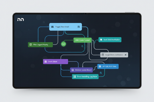 Tablet displaying a workflow diagram with various colored flowchart blocks connected by lines, indicating different tasks and actions.