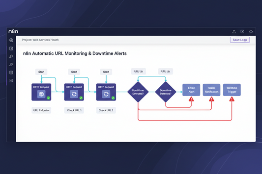 Interface showing an automated URL monitoring and alert workflow, with various steps including HTTP Requests and alerts for email, Slack, and webhook.