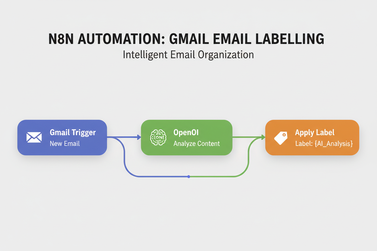 A workflow diagram titled 'N8N Automation: Gmail Email Labelling' shows three steps: Gmail Trigger in blue, OpenOI Analyze Content in green, and Apply Label in orange, connected by arrows.