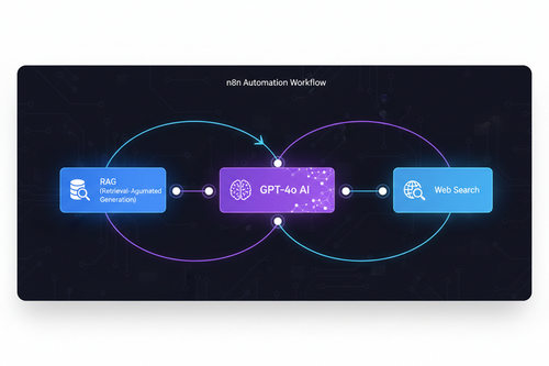 A digital graphic titled 'n8n Automation Workflow' showing a process flow between RAG, GPT-4o AI, and Web Search.