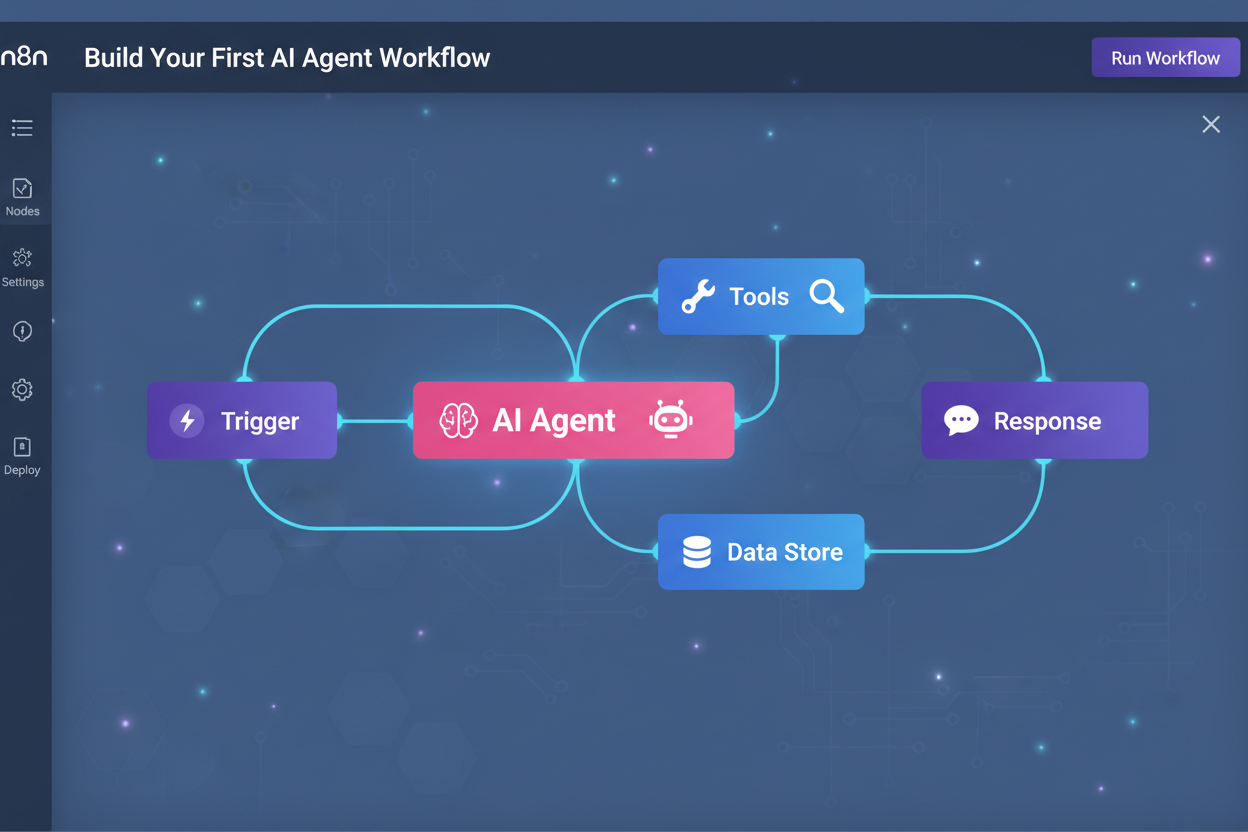 Screenshot of an AI workflow interface with nodes labeled Trigger, AI Agent, Tools, Data Store, and Response, interconnected with lines.