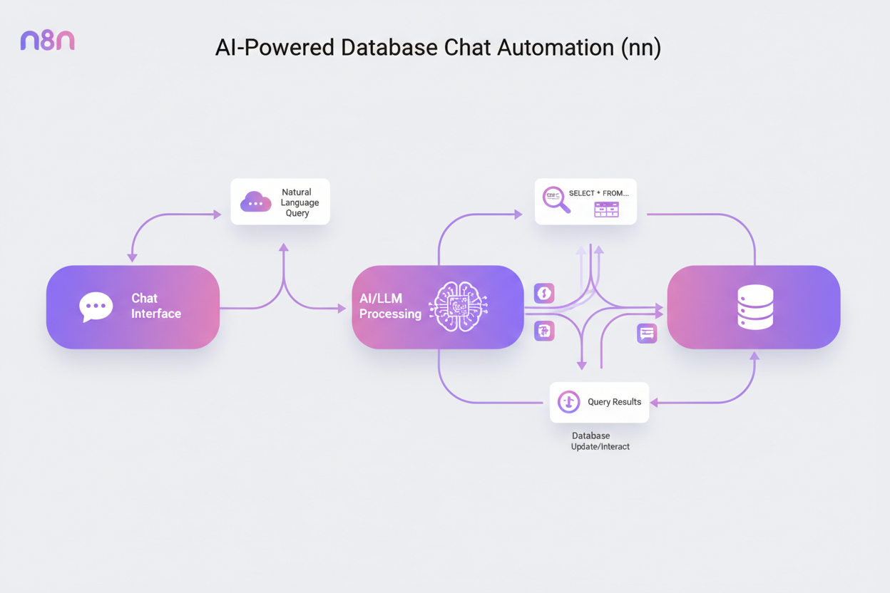 A workflow diagram illustrating AI-powered database chat automation with components like Chat Interface and AI/LLM Processing.