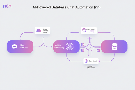 A workflow diagram illustrating AI-powered database chat automation with components like Chat Interface and AI/LLM Processing.