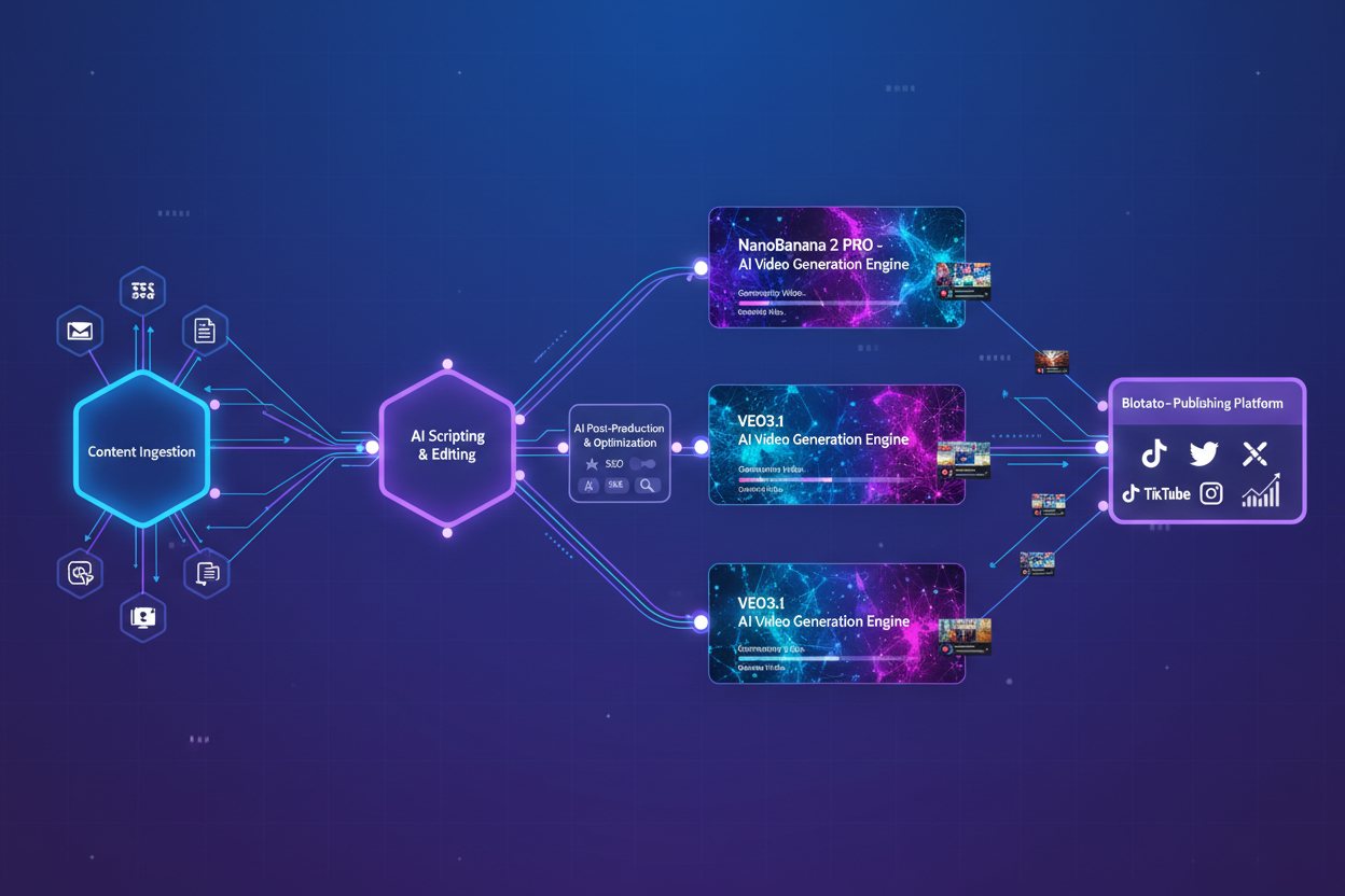 A digital flowchart showing an AI-driven video generation and publishing process, featuring stages like Content Ingestion and AI Scripting & Editing, with outputs to social media.