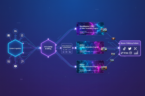 A digital flowchart showing an AI-driven video generation and publishing process, featuring stages like Content Ingestion and AI Scripting & Editing, with outputs to social media.