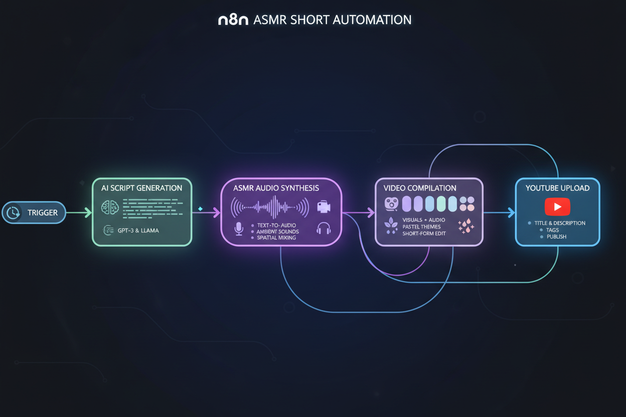 Flowchart illustrating an ASMR short automation process using n8n with steps including AI script generation, ASMR audio synthesis, video compilation, and YouTube upload.