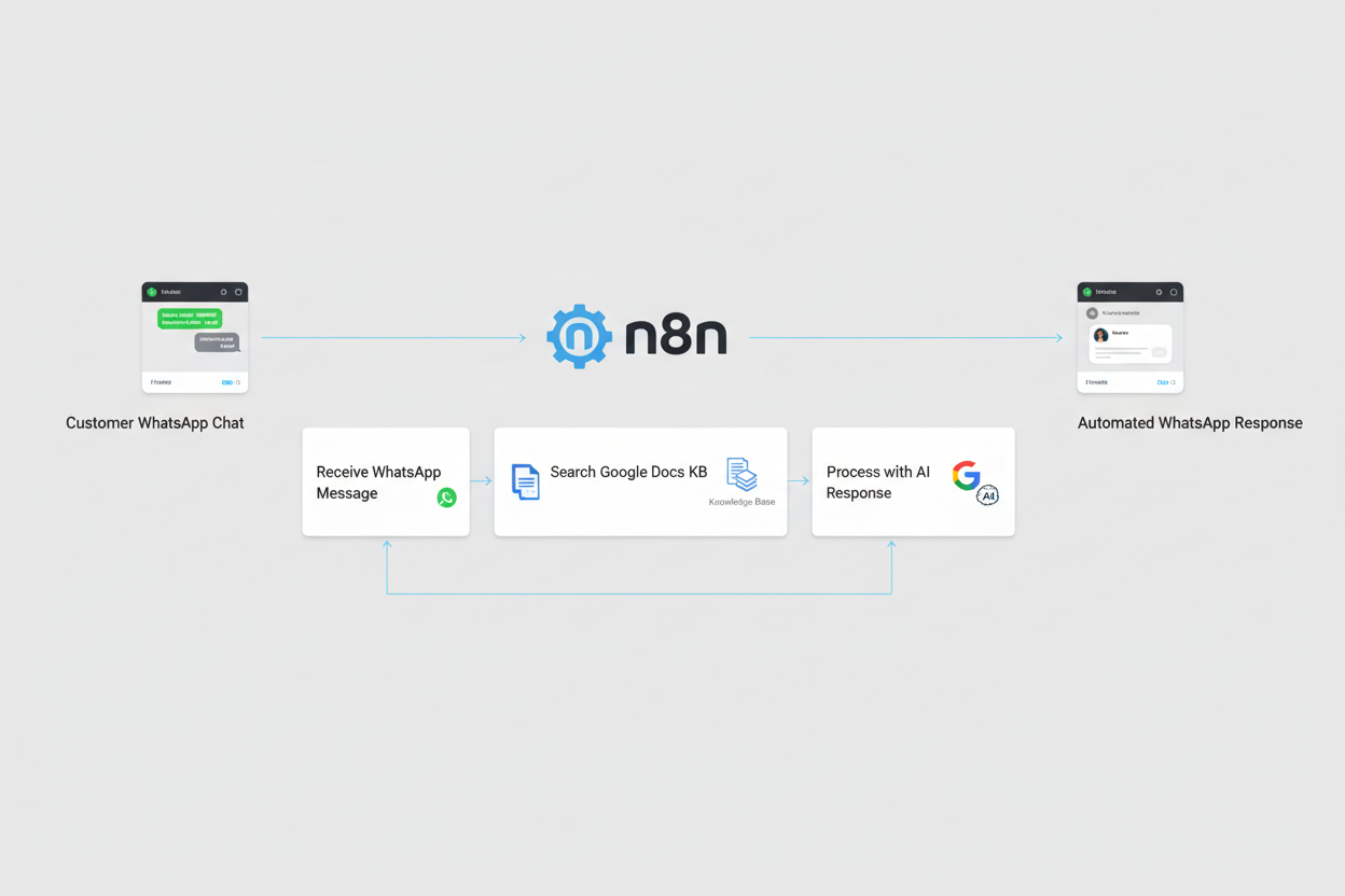 A workflow diagram showing the process of automating WhatsApp responses using n8n with steps including receiving a WhatsApp message, searching Google Docs, and processing AI response.