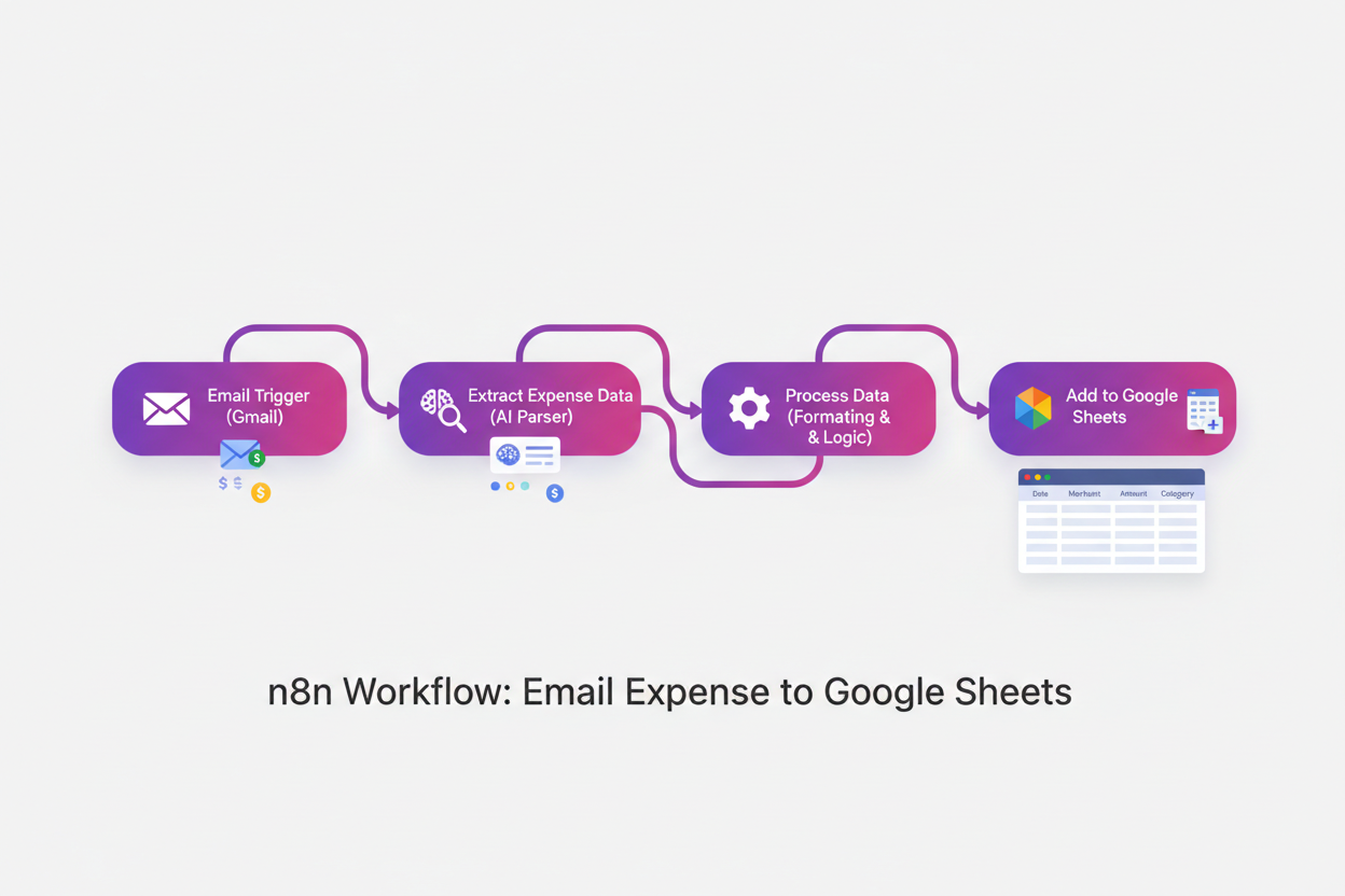 A workflow diagram showing the process of extracting expense data from Gmail, processing it, and adding it to Google Sheets.
