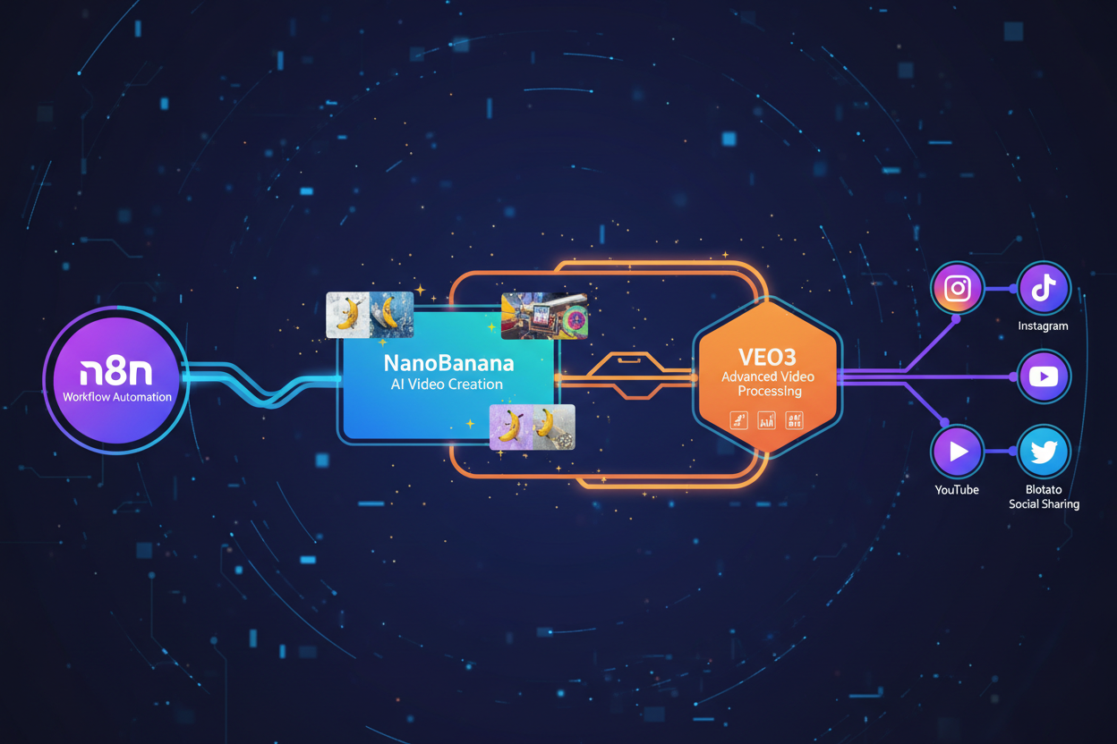 Flowchart showing a digital workflow automation process including video creation and social media sharing.