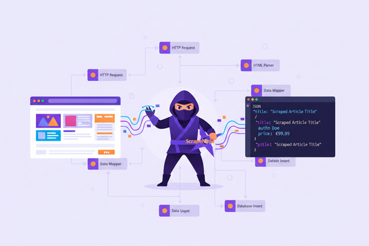 Illustration of a ninja character in the center with connected lines to various elements like a browser window, code blocks, representing web scraping technology.